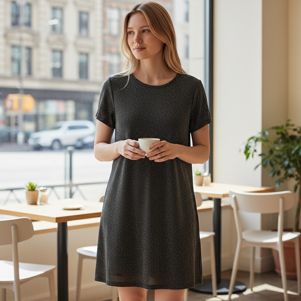 Sparkly Black & Gold Dress‎ Short Sleeve Party Cocktail Asymmetrical Hem #89C